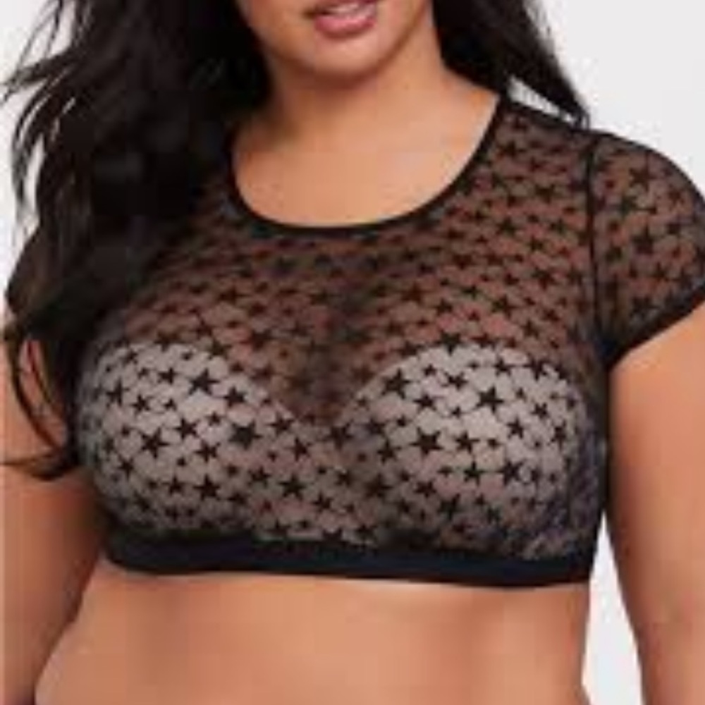 BLACK STAR MESH SHORT SLEEVE UNDER-IT-ALL CROP TOP